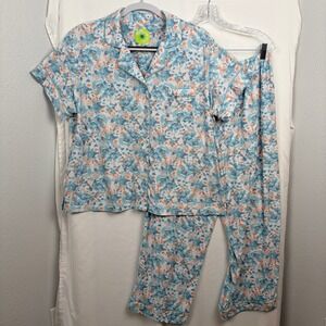 White Orchid Pajama Set XL Blue Floral Excellent
